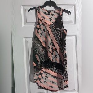 Rue 21 Black & Peach Sheer Tank Top Size Small Boho Fringe Hem